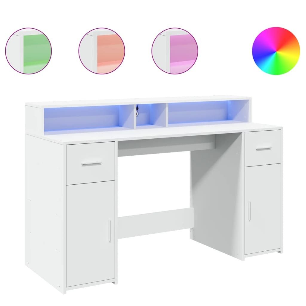 A white desk with LED lighting and storage compartments.
