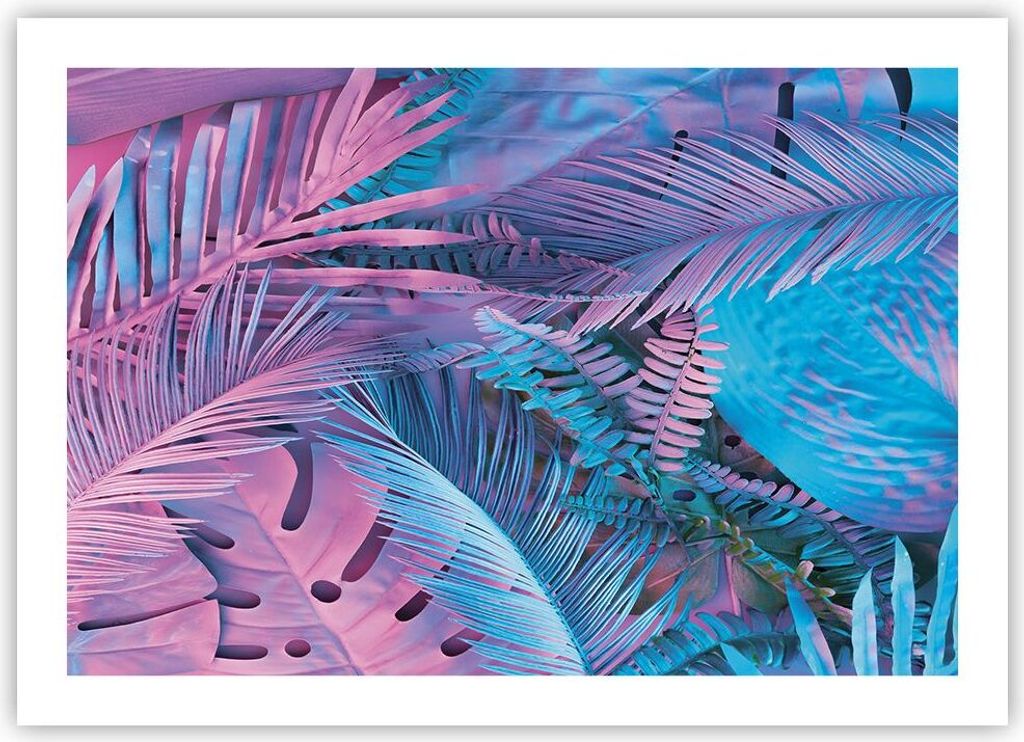 Poster - Poster ohne Rahmen - Blätter Rosa Blau - 70x50 cm - Wand Bild - Wanddeko - Wandbilder - Kunstposter - Wandposter - Bilder - Kunstdruck - ...