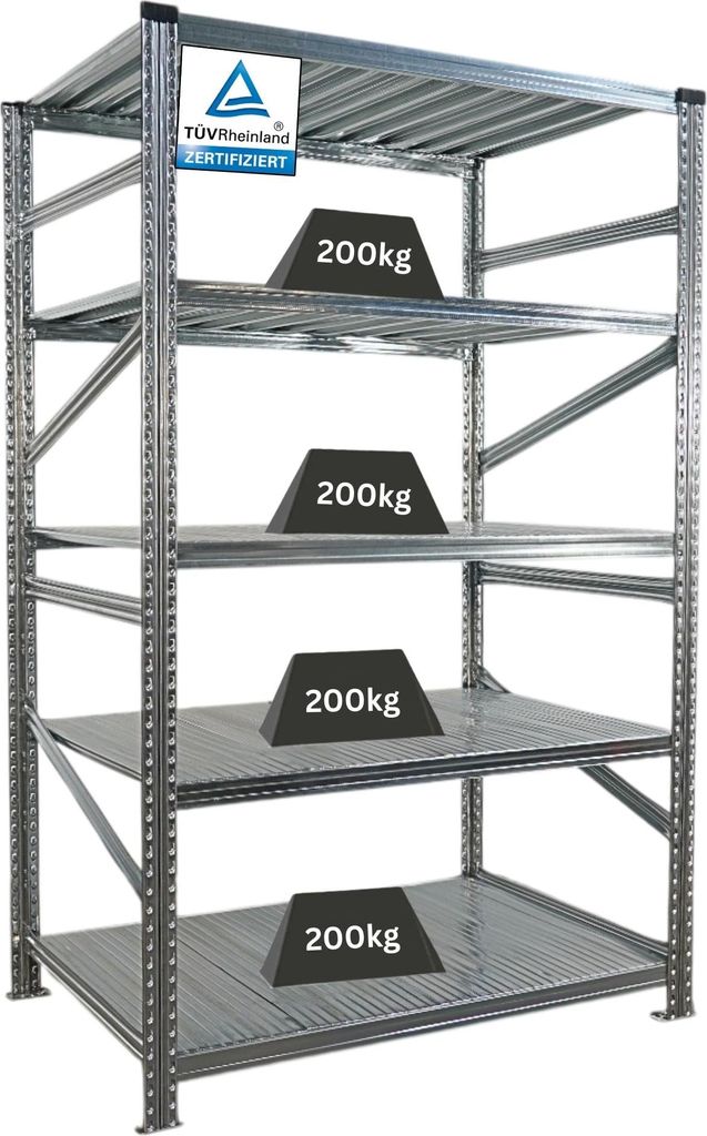 Fachbodenregal PROXIMO mit Stecksystem | Grundregal | HxBxT 200x120x80cm | 5 Ebenen | Fachlast 200 kg | Beidseitig nutzbar | Verzinkt