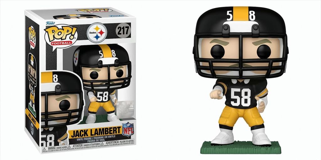 A Funko Pop! figure of NFL player Jack Lambert in his Pittsburgh Steelers uniform, shown both in its packaging and displayed outside of it.