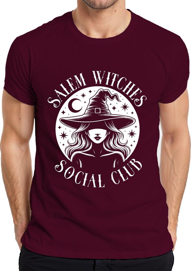 Salem Witches Social Club Halloween Hexenhut Mond Sterne Mystisch Vintage Herren T-Shirt, Burgundy, XXL