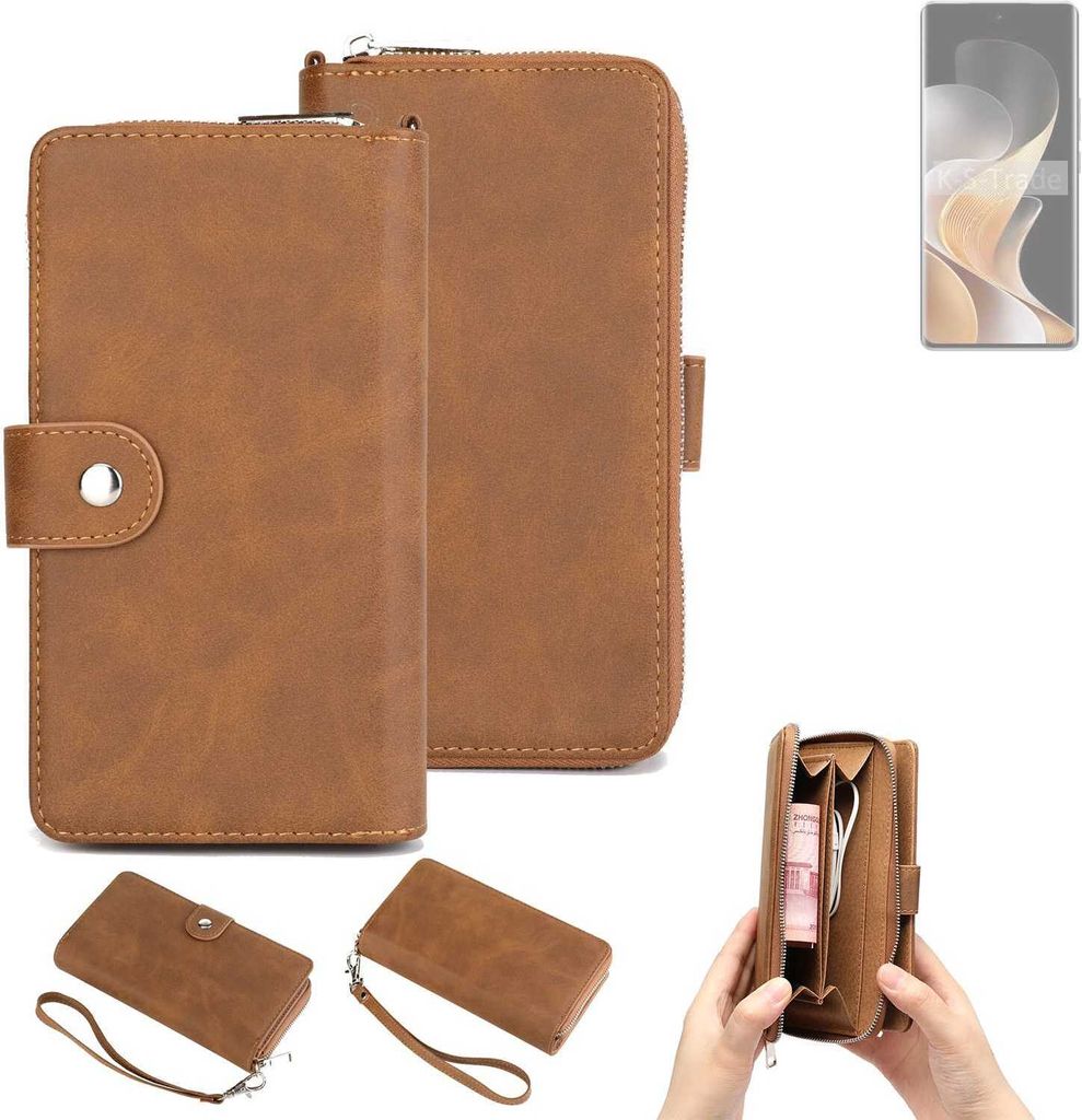 K-S-Trade Handyhülle Schutzhülle kompatibel mit Vivo V40 5G & Portemonnee Tasche Handytasche Case Etui Geldbörse Wallet braun (1x)
