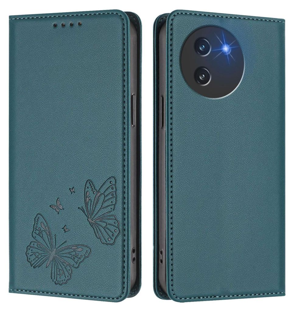 Lederhülle für Doogee Note 59 /Note 59 Pro, Schmetterling Prägung Leder Brieftasche Schutzhülle mit Ständer Grün