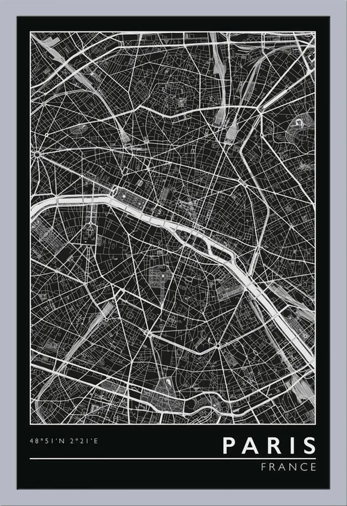Quadro Mappa Parigi con Cornice Argento Shinsuke 61x91,5 cm