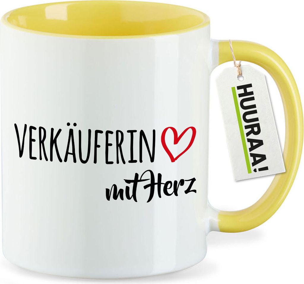 Huuraa Kaffeetasse Verkäuferin mit Herz 330ml Gelb Keramik Kaffeebecher Geschenkidee