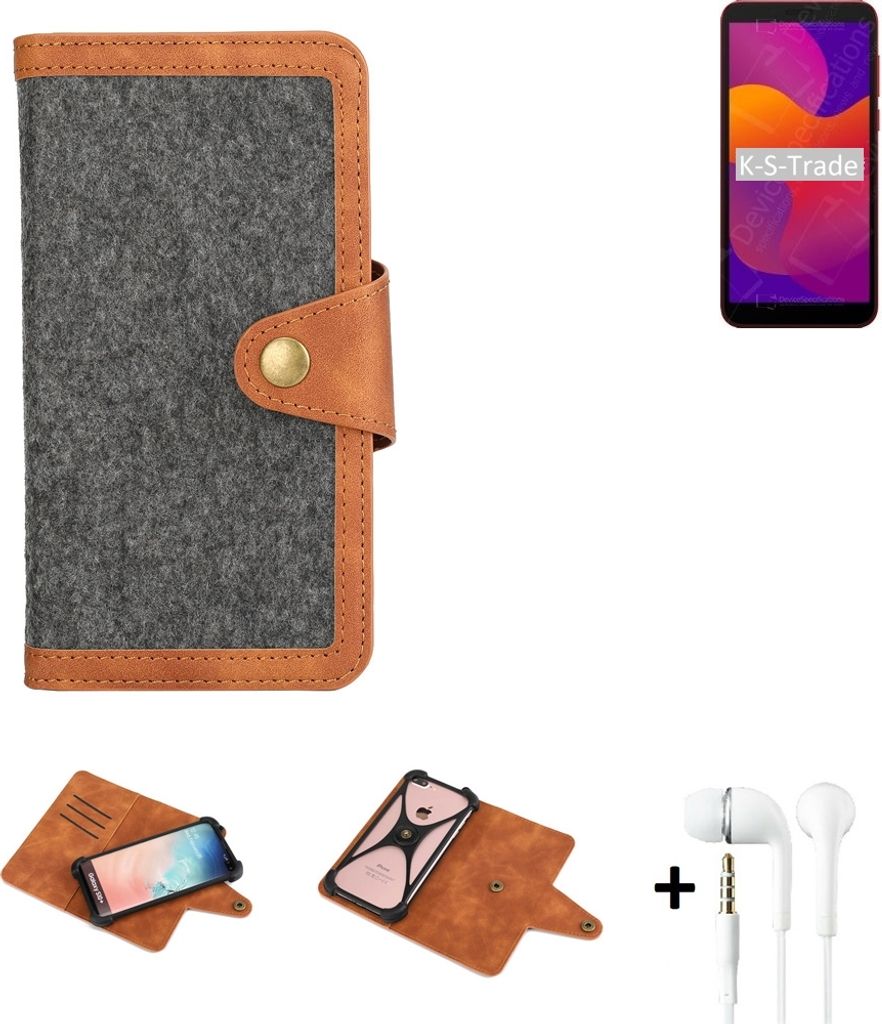 K-S-Trade Handyhülle + Kopfhörer kompatibel mit Huawei Honor 9S Schutzhülle Filzhülle Kunstleder dunkelgrau braun (1x)