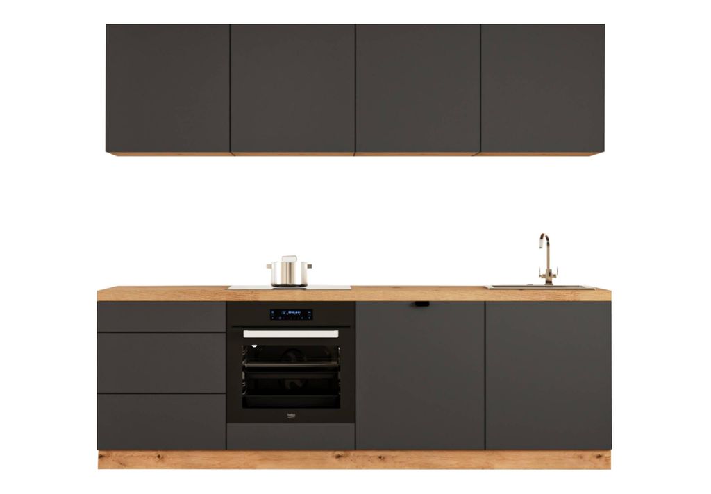 Küchenzeile 240 cm Ohne Arbeitsplatte Einbauküche Moderne Küchenzeile, Langen KL28-M240 Grau/Matt