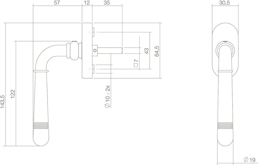Messing Optik Fensterbeschlag Modell Dresden Fenstergriff 7x35mm Vierkant 45° Rasterung