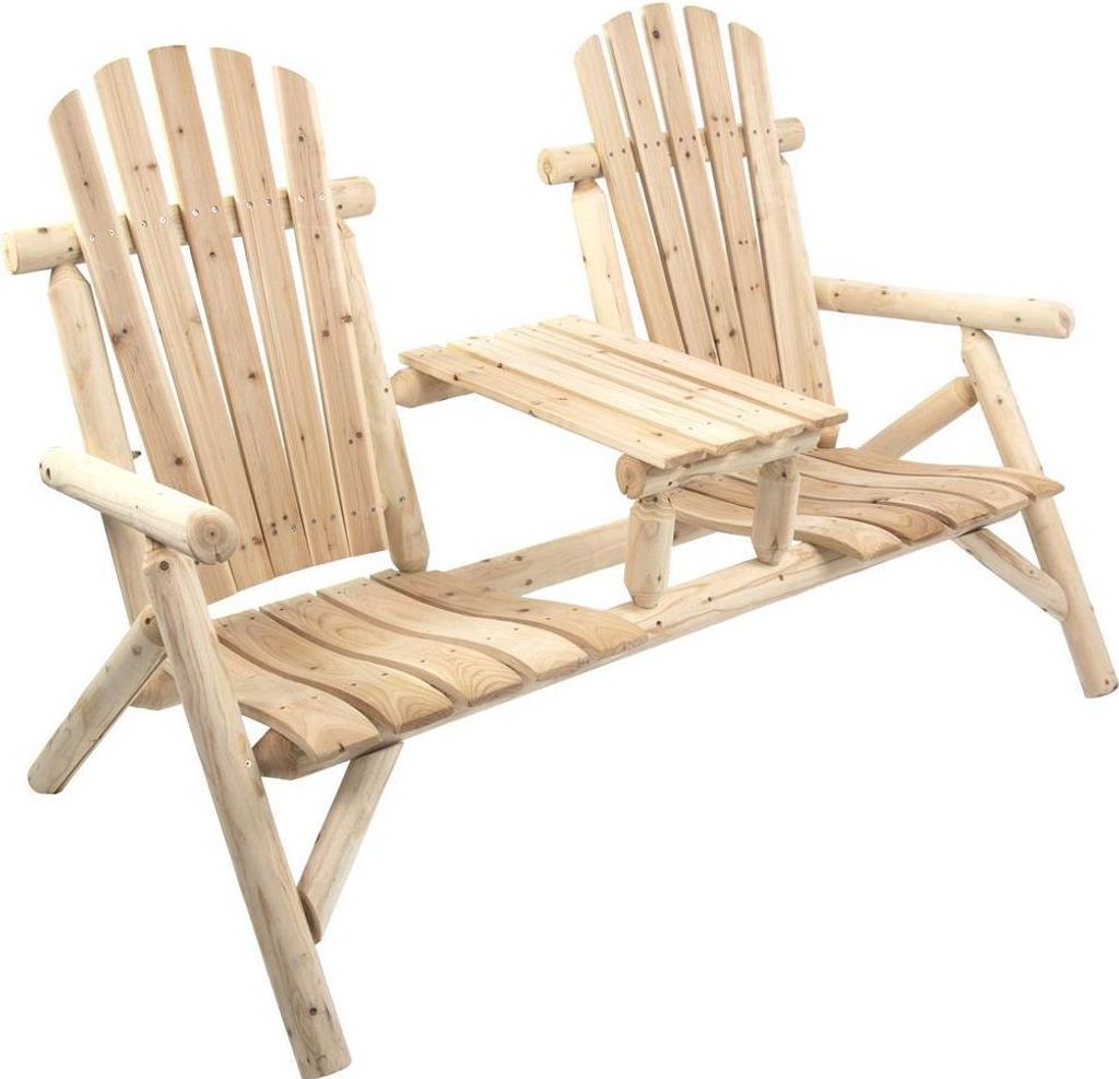 A wooden garden bench with two seats and an integrated table, shown against a white background.
