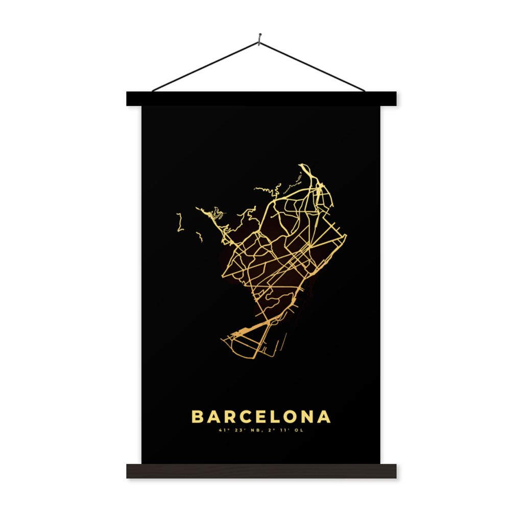 MuchoWow Textilposter Stadtplan - Spanien - Schwarz - Gold 60x90 cm mit schwarzem Rahmen - Poster Wohnzimmer