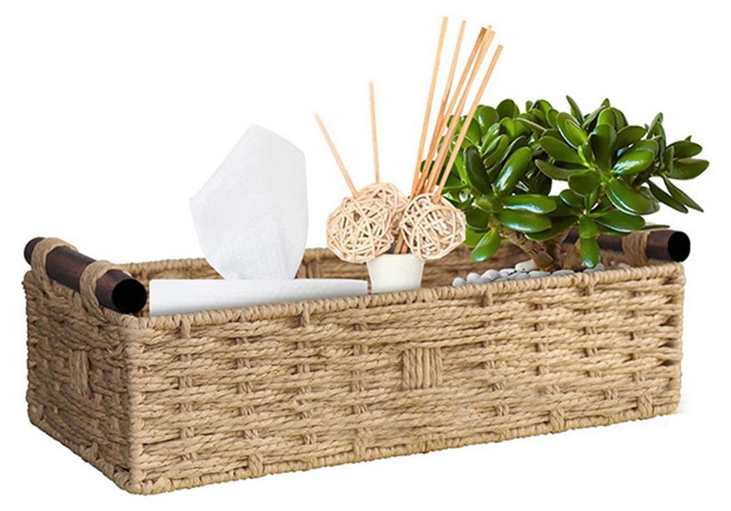 Handgewebter Aufbewahrungskorb, handgefertigter, geschwungener Korb mit Holzgriffen, rustikaler Toilettenpapier-Aufbewahrungskorb für Badezimmer u...