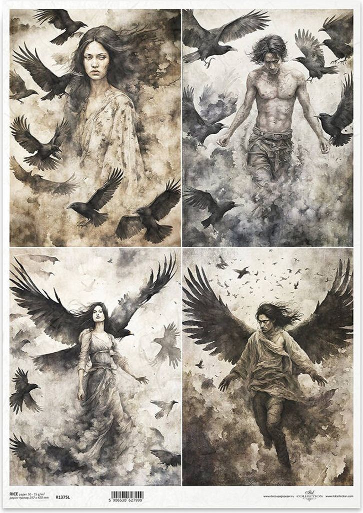 Reispapier Decoupage Bastelpapier für Decoupage A3 ITD-1375L Dämonen, Verwandlung, Frau, Mann, Raben