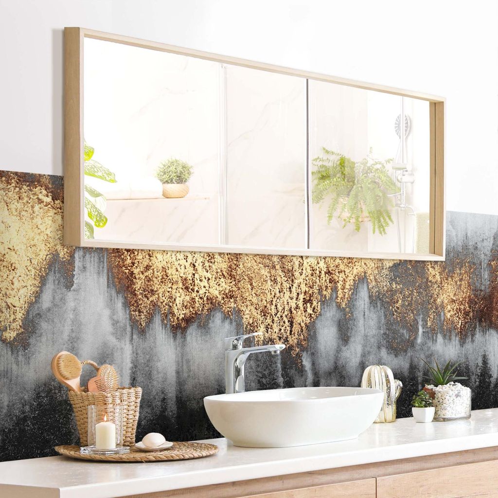 Wandverkleidung Bad originell selbstklebend - 0.61 mm Wandpaneel matt wasserfest Design gold Aquarell Abstrakt Badrückwand fugenlos 175x50 cm