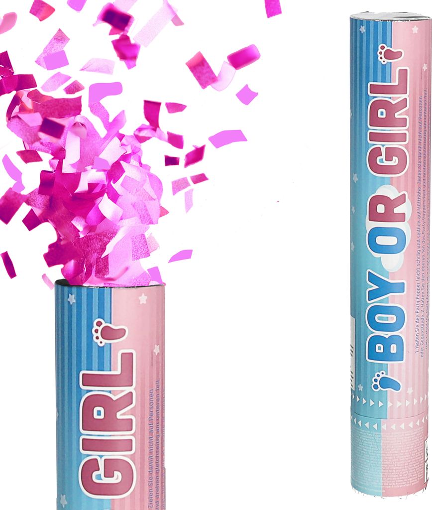 Party-Popper 'Boy or Girl' für Mädels 30cm Papier rosa Konfettikanone Konfettiregen Geburt Mädchen ohne Pyrotechnik 5-8m