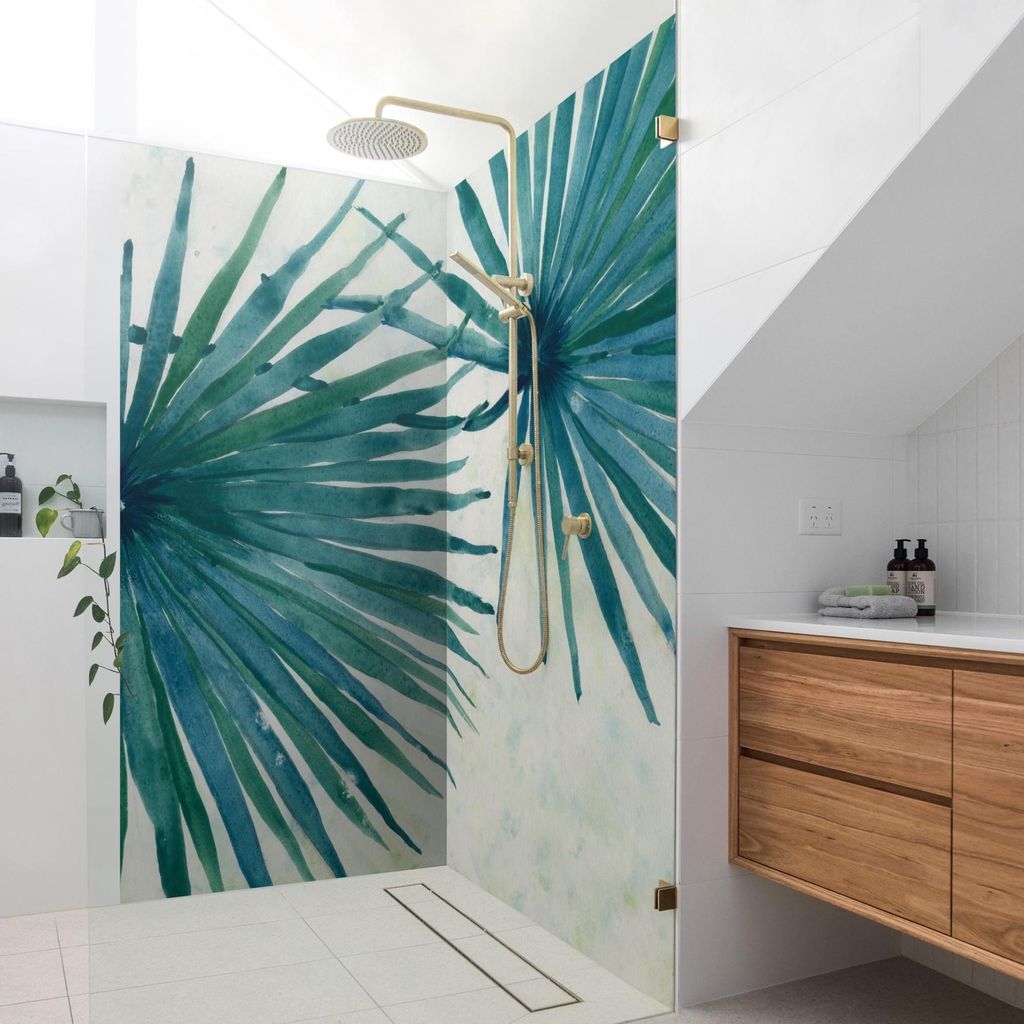 Duschrückwand originell selbstklebend - 0.61 mm Wandpaneel wasserfest Pflanzen blau Aquarell Tropisch Badrückwand fugenlos Premium matt 80x190 cm