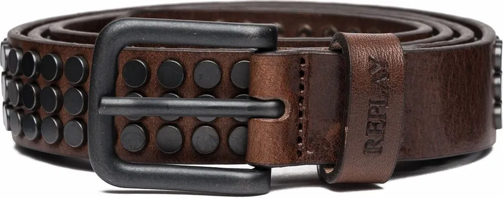 REPLAY Pelle cintura Leather Belt W75 Faded Black Brown marrone argentato