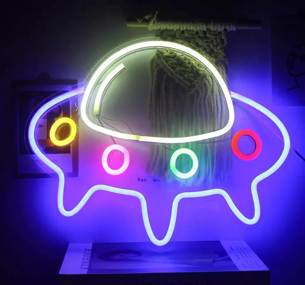Néon LED OVNI Vaisseau Spatial Bleu et Multicolore 40x32cm pour Mur