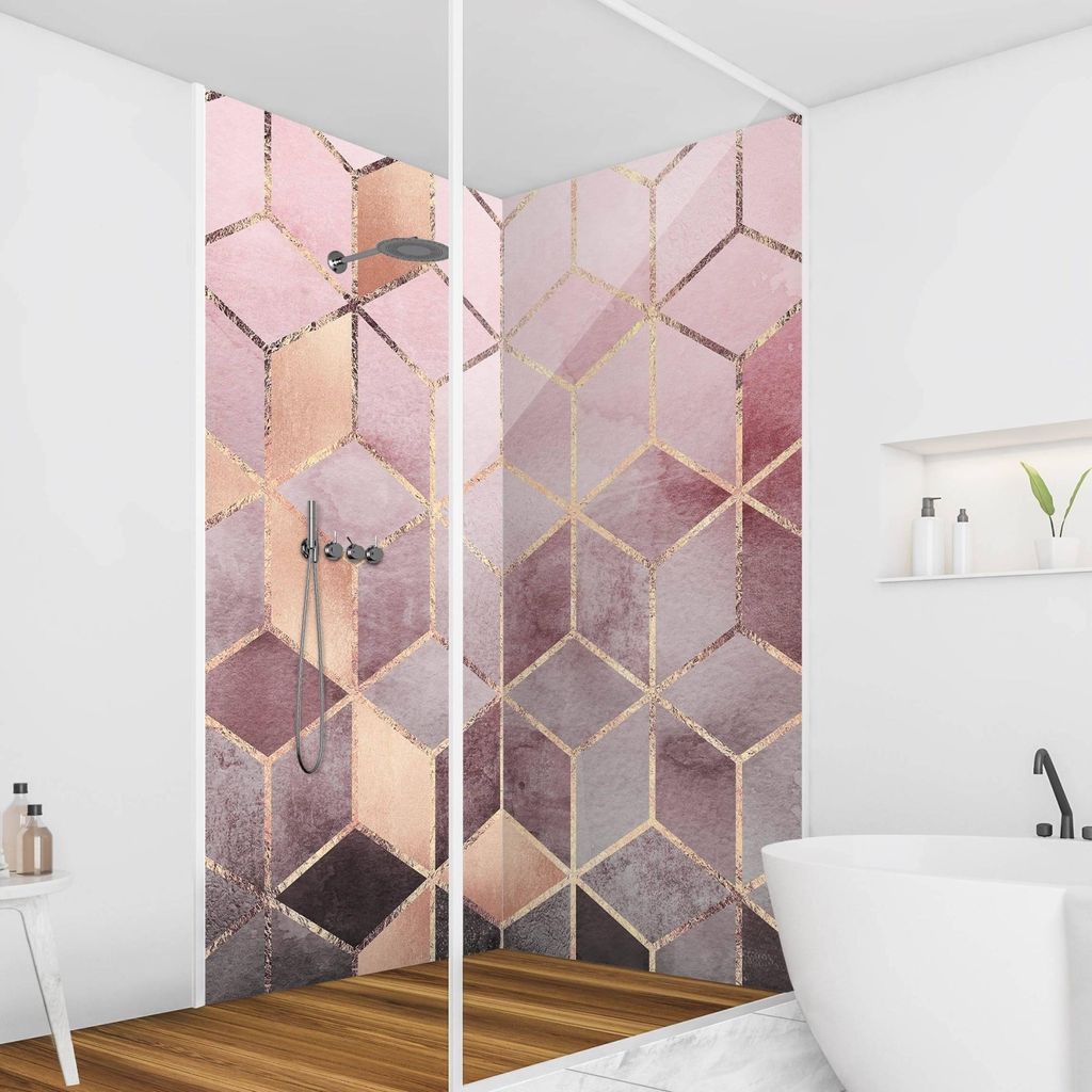 Duschrückwand Muster selbstklebend - 0.61 mm Wandpaneel wasserfest Geometrisch rosa Aquarell Abstrakt Badrückwand fugenlos Premium matt 90x190 cm