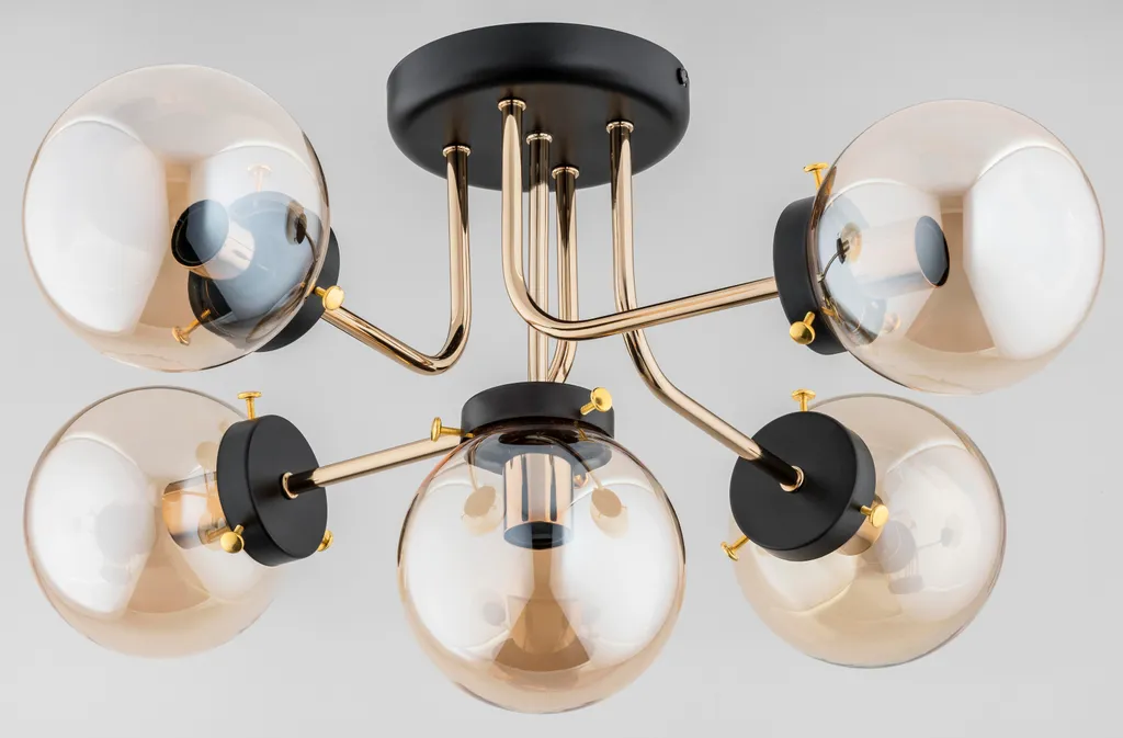 Suspension Design 5 Globes Ambrés et Laiton Or - Gamme CORES Alfa