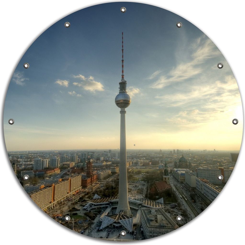 Wallario rundes Outdoor-Poster für Garten oder Balkon, Motiv Fernsehturm Berlin mit Panoramablick über die Stadt, 90 cm Durchmesser