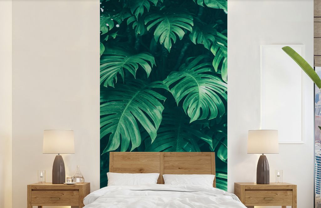 MuchoWow Fototapete für Wohnzimmer oder Schlafzimmer Wandtapete Vinyl Motivtapete Monstera - Blätter - Pflanzen - Dschungel - Natur - 120x240 c...
