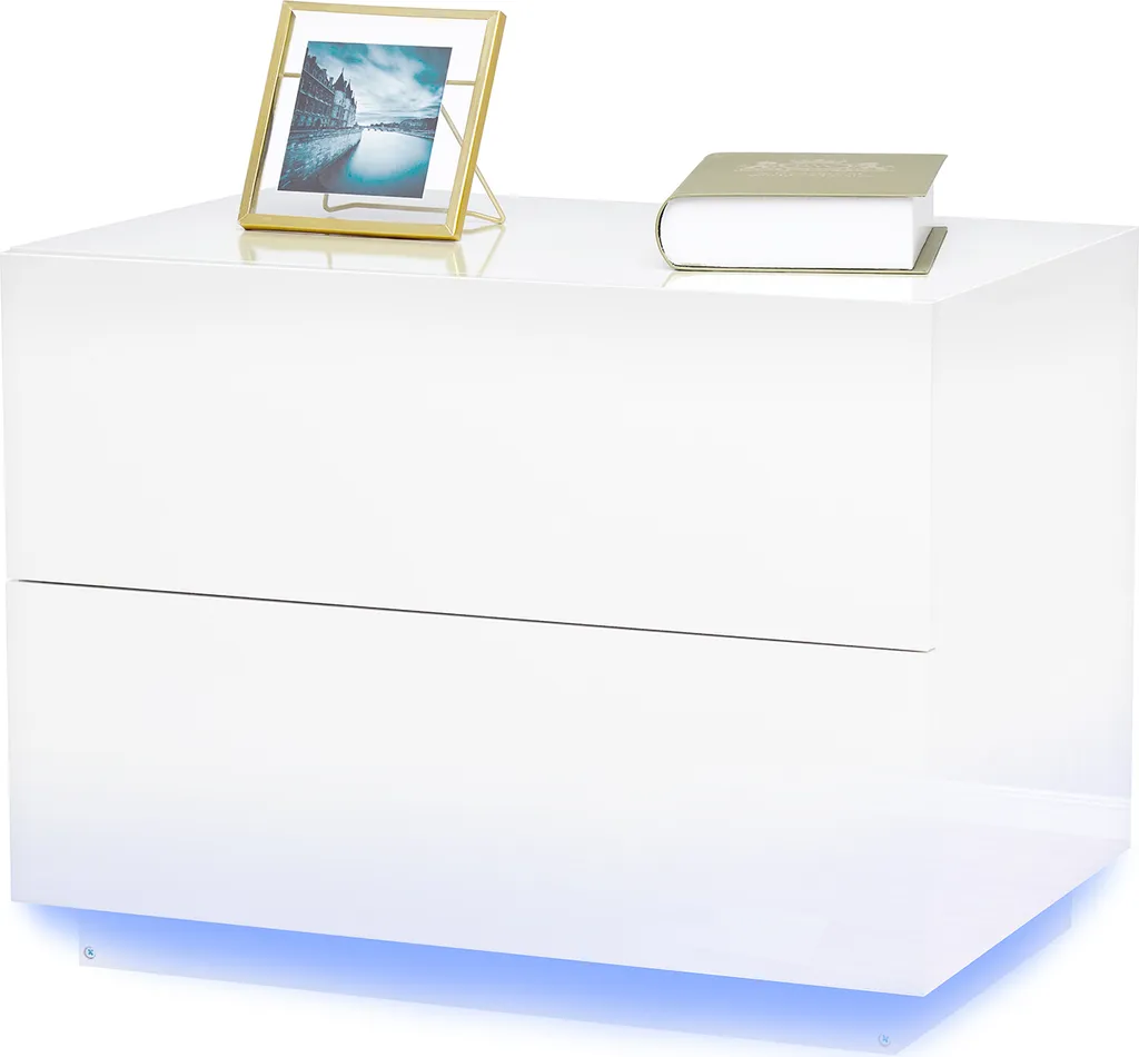 Petite Table de Nuit LED avec USB pour Chambre - Rangement 2 Tiroirs Blancs