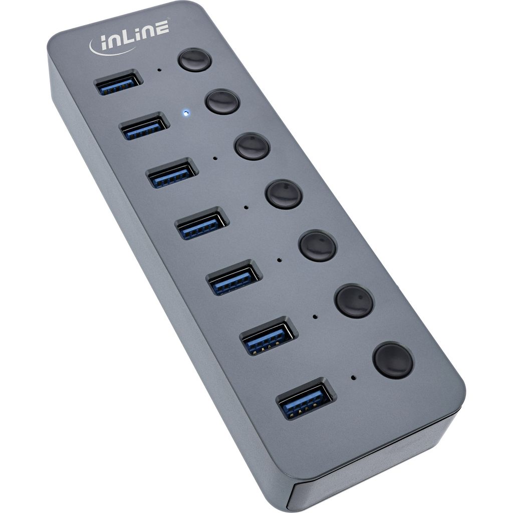InLine USB 3.2 Gen.1, 7-Port, mit Schalter, Aluminium, grau, mit Netzteil
