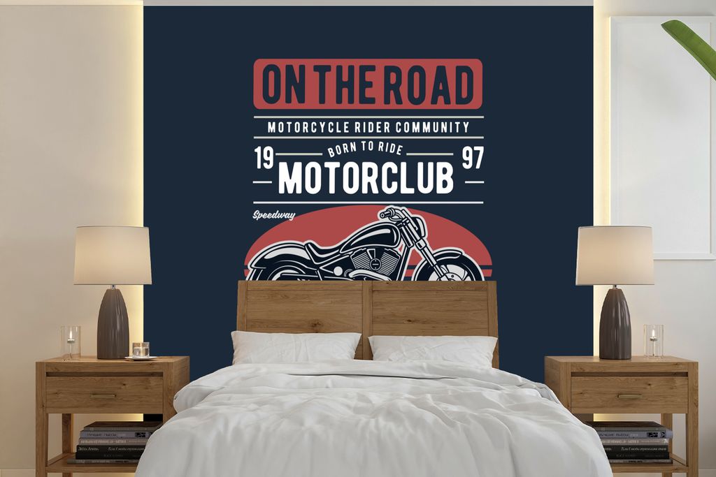 MuchoWow Fototapete für Wohnzimmer oder Schlafzimmer Wandtapete Vinyl Motivtapete Motorrad - Retro - Zitat - 280x280 cm - Hintergrundbild