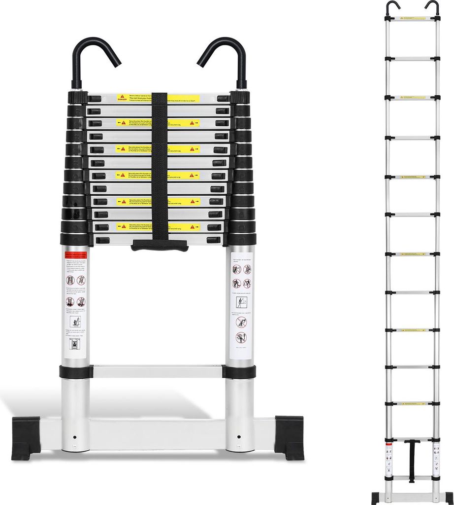 Jayseuw Premium Alu Teleskopleiter Ausziehleiter Klappleiter Höhe 3,8M Silber Antirutsch Mehrzweckleiter mit Stabilisator und Abnehmbaren Haken