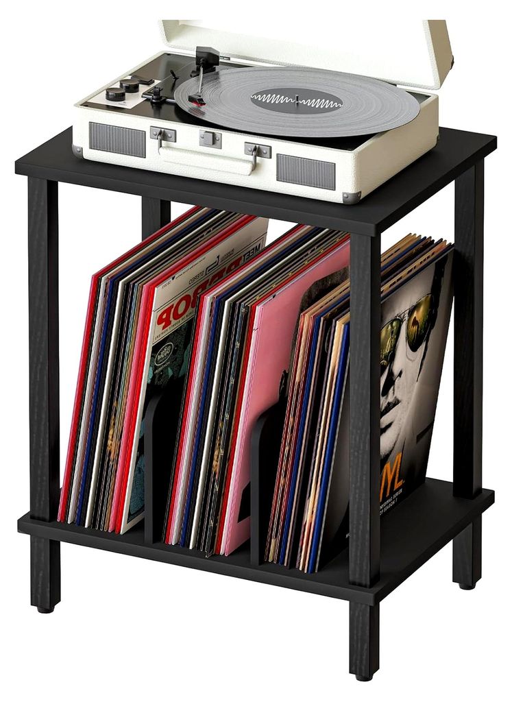 Plattenspielerständer, 2 Ebenen Schallplattenregal, Beistelltisch, Plattenregal mit Trennwänden, Aufbewahrung für bis zu 100 Alben, Schwarz