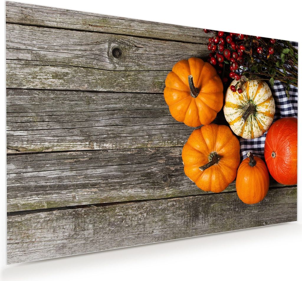 Glasbild Wandbild Kürbisse auf Holztisch 120x80cm in XXL für Wohnzimmer, Schlafzimmer, Badezimmer, Flur