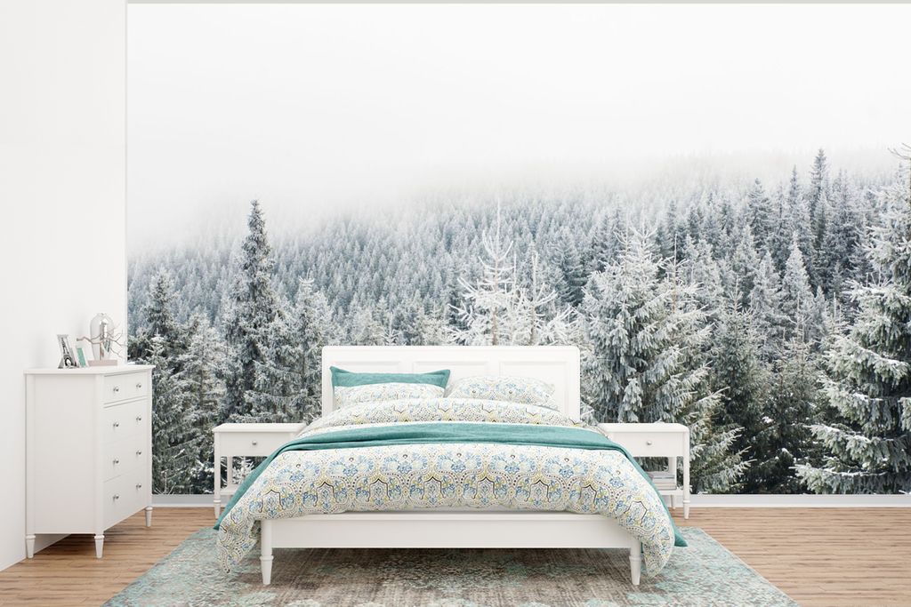 MuchoWow Fototapete für Wohnzimmer oder Schlafzimmer Wandtapete Vinyl Motivtapete Wald - Schnee - Winter - Jahreszeiten - Tannenbaum - 400x300 c...