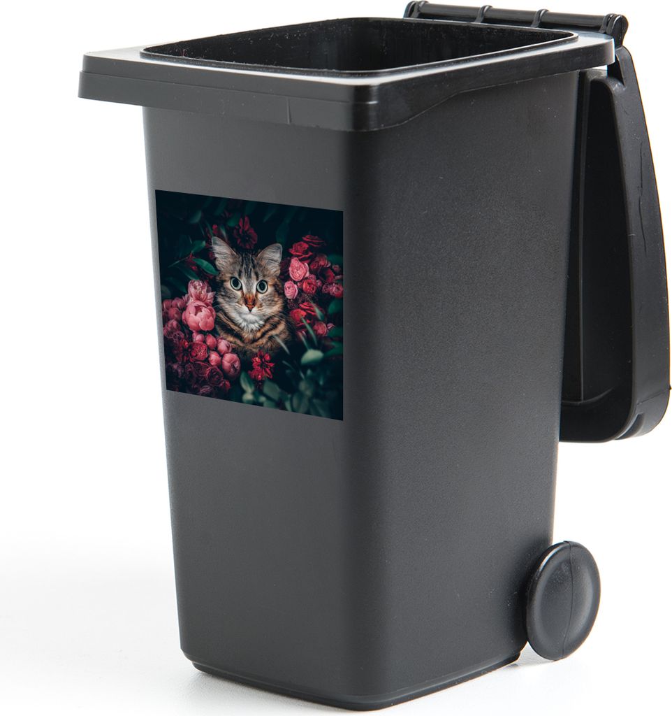 MuchoWow Mülltonnenaufkleber Katze - Blumen - Tiere - Botanisch 40x40 cm - Abfall-Aufkleber - Container - für Abfallcontainer