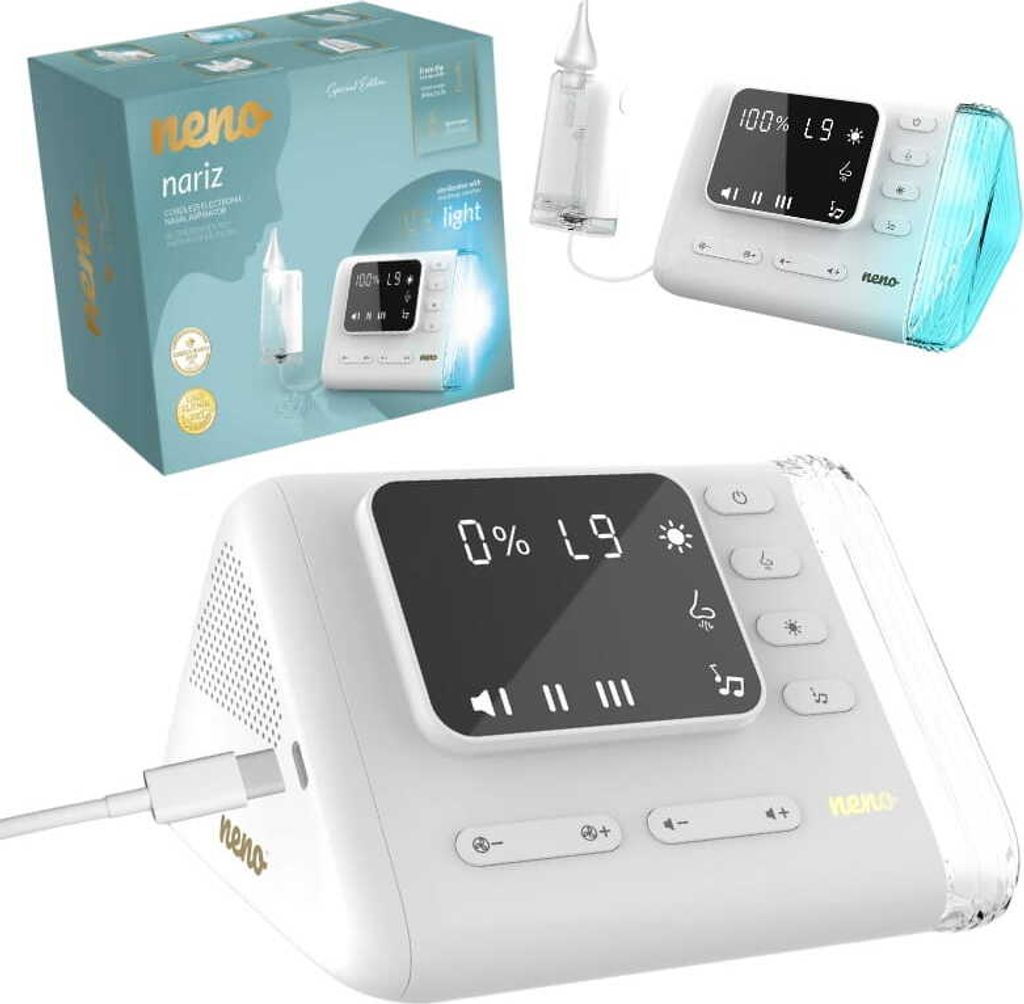 A collage of product images showing a nasal aspirator and its packaging.