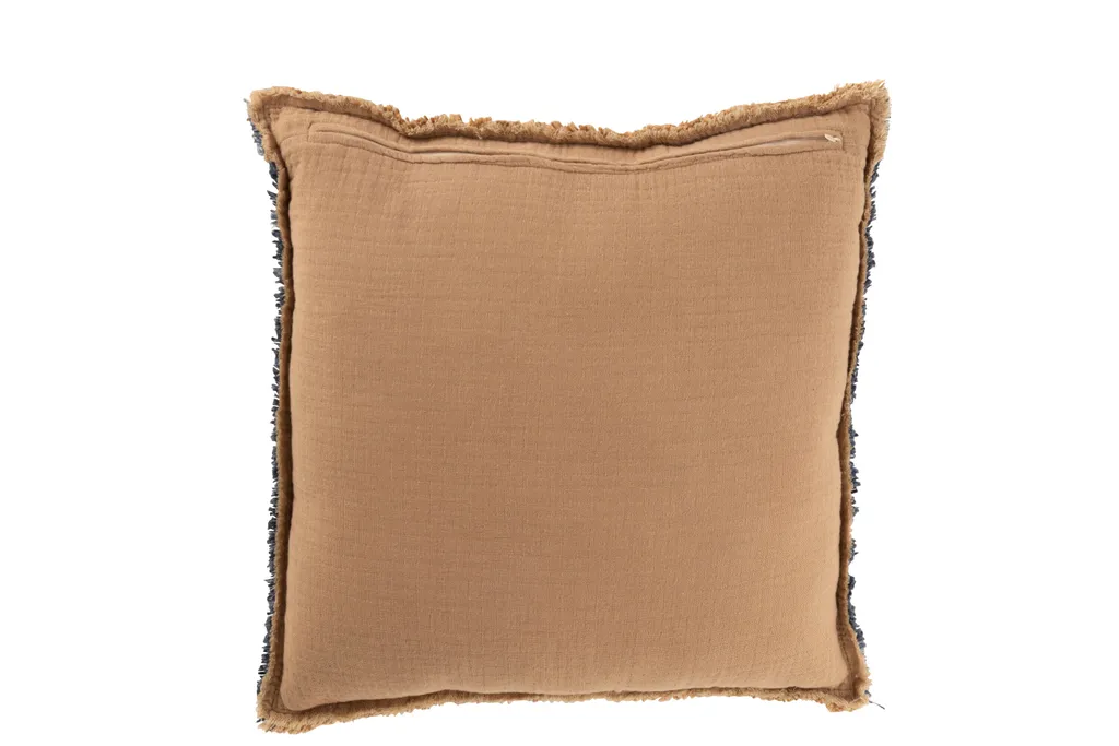 J-Line Coussin bords effilochés marron et bleu en polycoton 45x45 cm - 2