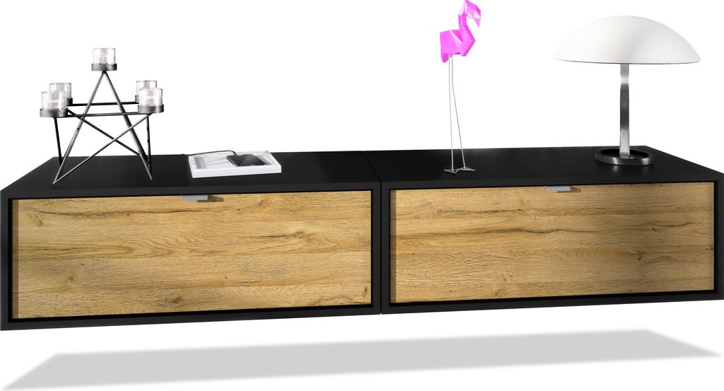 Vladon 2er-Set TV Board Lana 80, Germany, Lowboards je 80 x 29 x 37 cm mit viel Stauraum, Korpus in Schwarz matt, Fronten in Eiche Natur | Große F...
