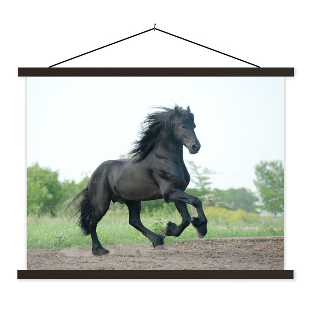 MuchoWow Textilposter Pferd - Schwarz - Natur 60x45 cm mit schwarzem Rahmen - Poster Schlafzimmer