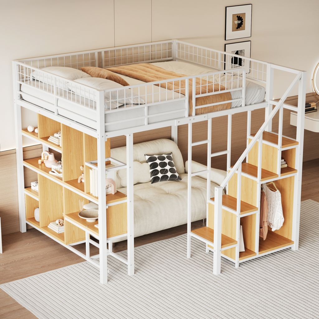 Hochbett, 140x200 cm, Metallbett mit Lattenrost, Regal, Kleiderschrank, Treppe und Rausfallschutz, Kinderbett, Jugendbett
