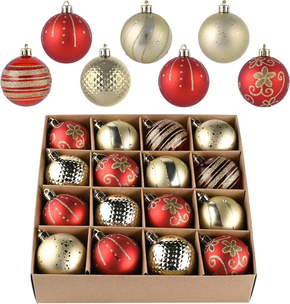 Boules de Noël Incassables Rouge et Or 6cm - Lot de 16 Pièces Décoratives
