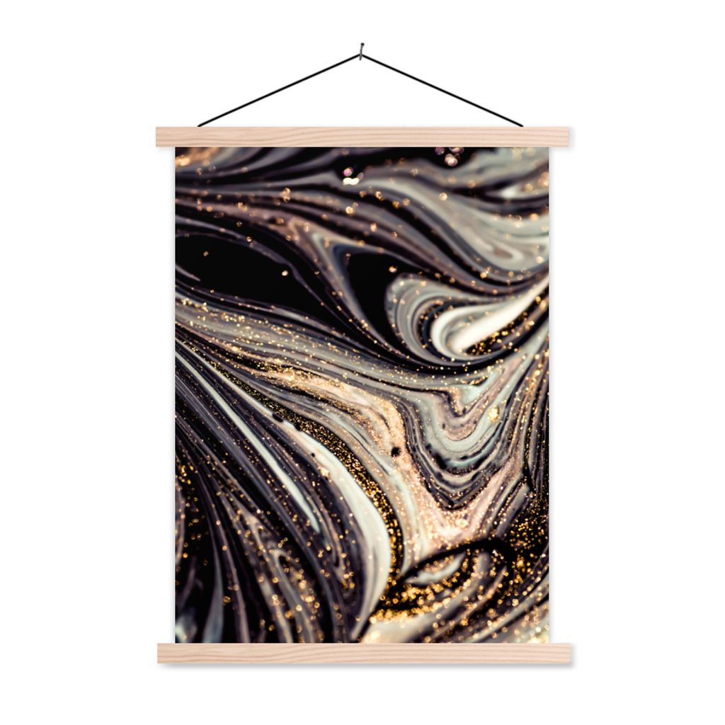MuchoWow Textilposter Marmoroptik - Schwarz - Gold - Weiß - Glitter - Marmor 60x80 cm mit holzfarbenen Rahmen - Wandbild