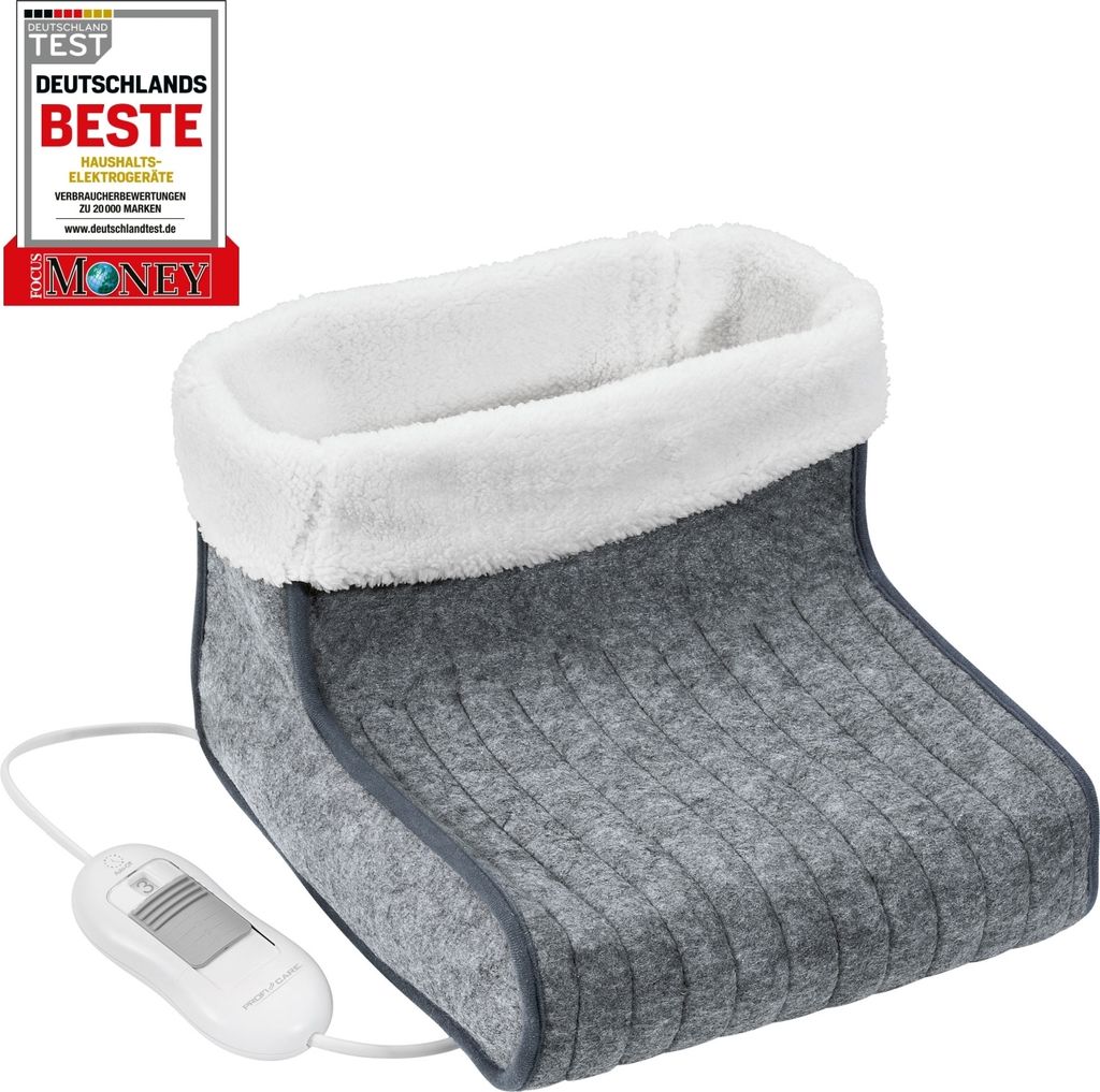 A close-up studio shot of a grey electric foot warmer with a white fluffy lining, placed on a white background. A white power cord with a controller is attached.