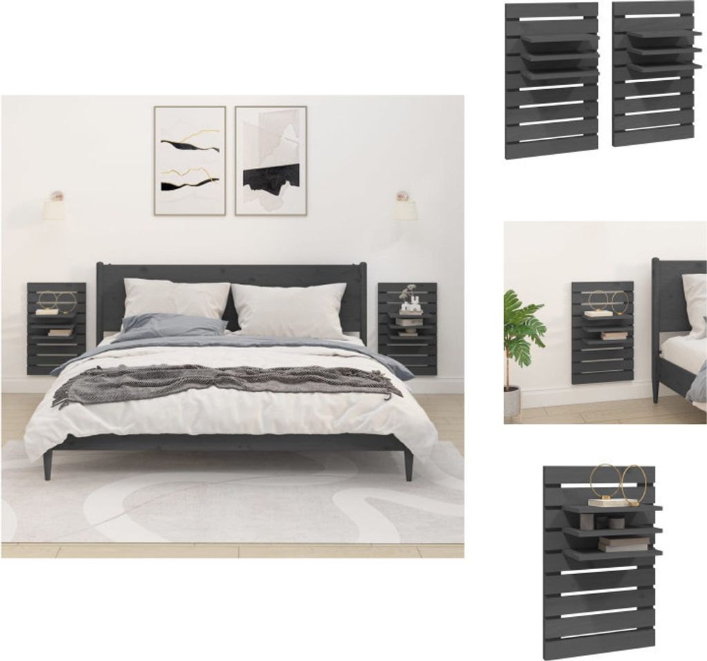 vidaXL Wand-Nachttische 2 Stk. Grau Massivholz Kiefer - Wandregale