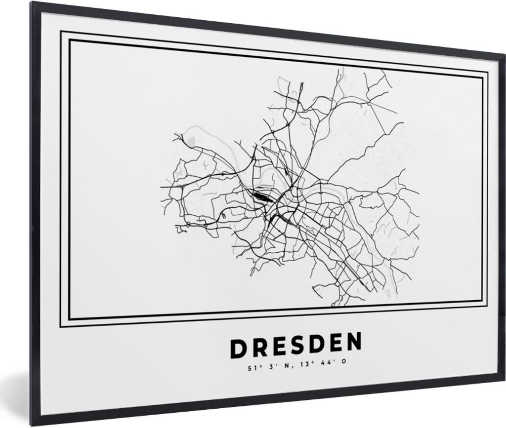 MuchoWow Gerahmtes Poster Schwarz und weiß - Deutschland - Stadtplan - Dresden 60x40 cm - Poster mit Schwarzem Bilderrahmen Wandposter Rahmen Fo...