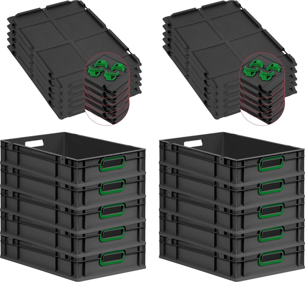 SparSet 10x Eurobox NextGen Color mit Auflagedeckel und Schiebeschnappverschlüsse | HxBxT 12x40x60cm | 23 Liter | Schwarz | Griffe grün offen | E...