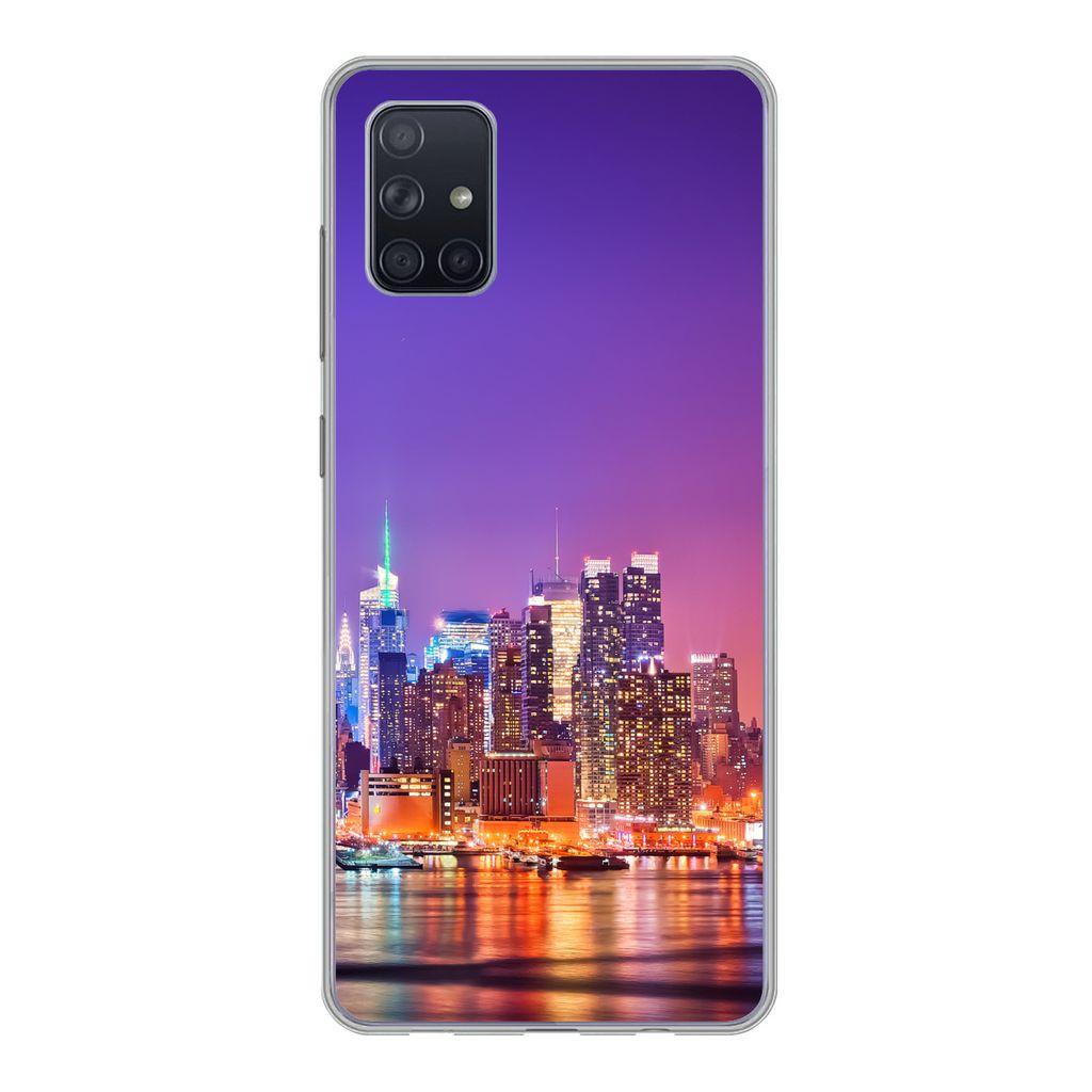 MuchoWow Handyhülle Schutzhülle Hülle für Samsung Galaxy A71 New York - Skyline - Lila Silikon Softcase Handy Hülle - Kartenbesitzer