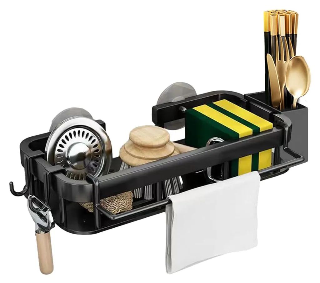 Support de rangement évier multifonction inox pour éponge et vaisselle
