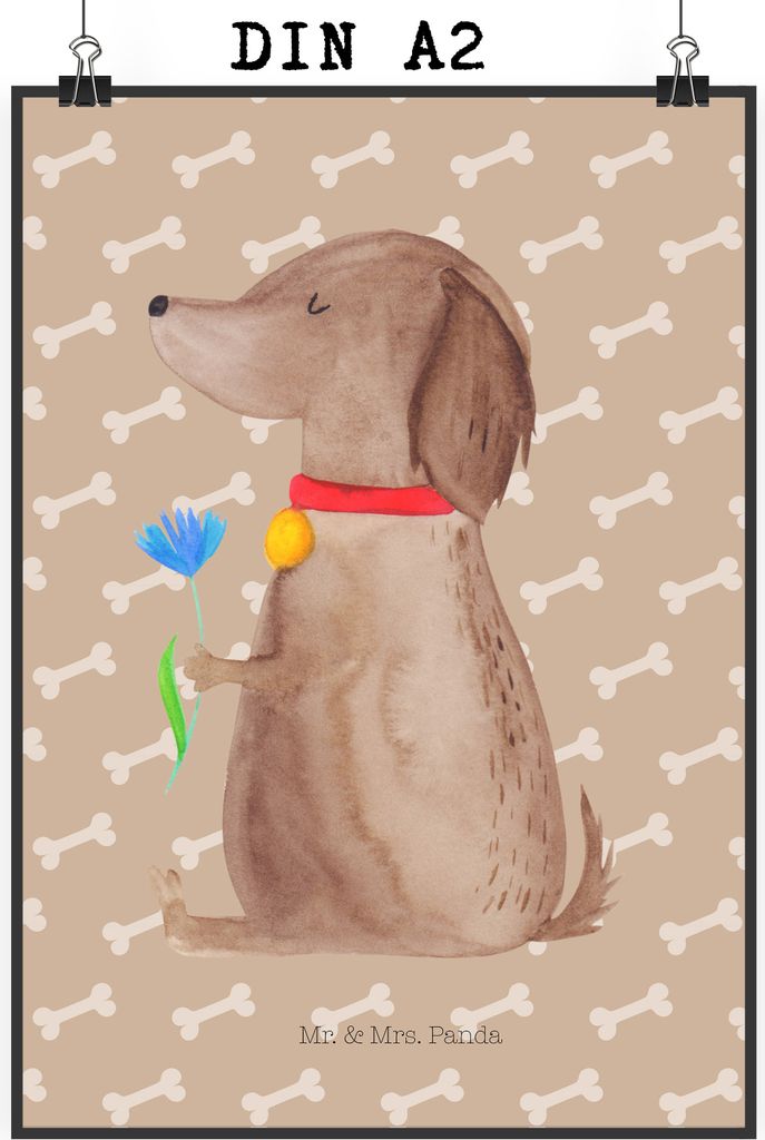 Mr. & Mrs. Panda Bild Hund Blume DIN A2 - Hundeglück - Geschenk, Wandschmuck, wanddeko, Süß, drucke, Plakat, Wandbild, Hunde, Halsband