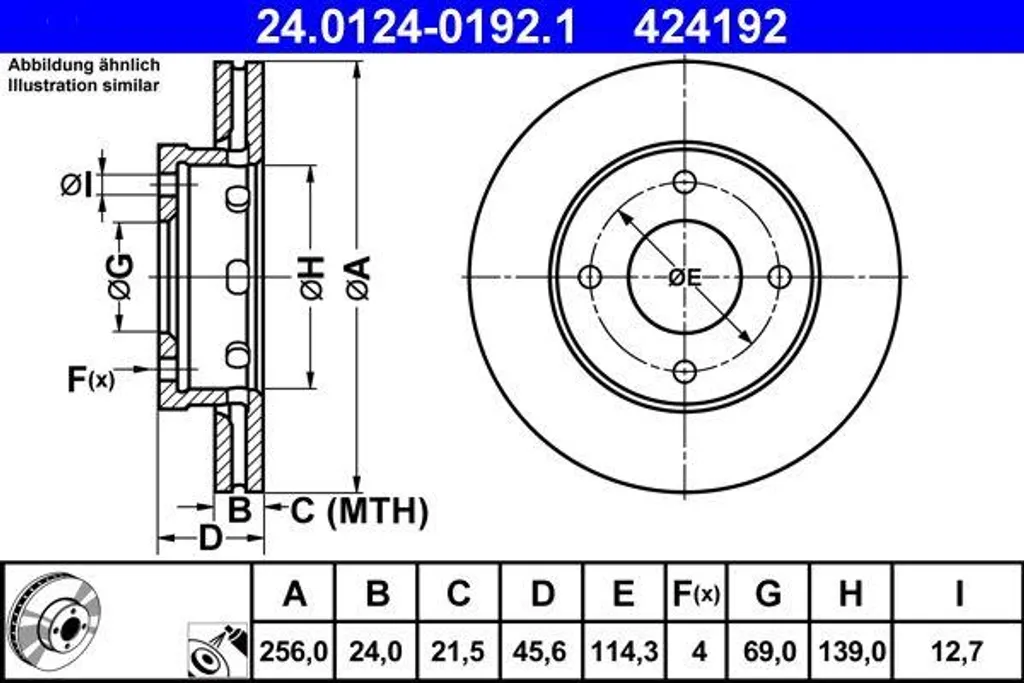 Disque de frein ATE 24.0124-0192.1 pour Mitsubishi Colt et Forfour