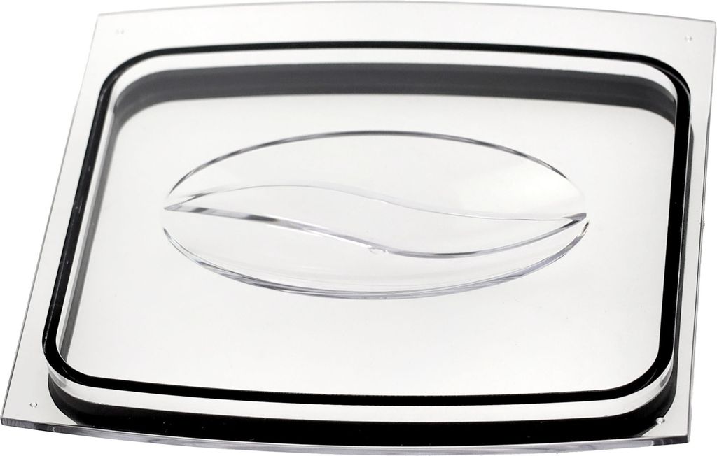 A clear, well-lit studio shot of a transparent lid with a black gasket.
