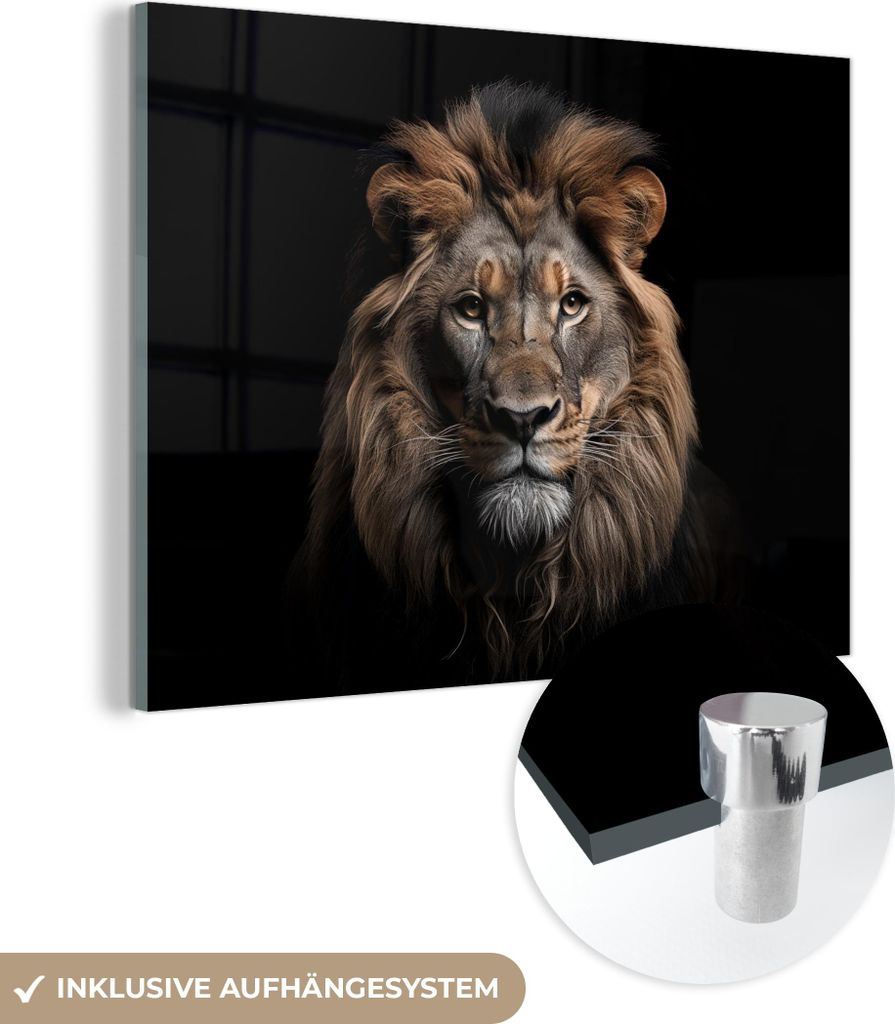 MuchoWow Glasbilder - Bilder auf Wandbild - Foto auf Glas Löwe - Porträt - Schwarz - Tier 80x60 cm Wanddekoration aus Glas - Acrylglasbild - Acry...